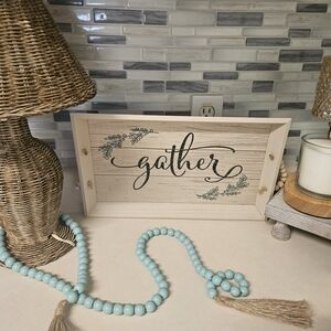 Wooden 'Gather' Sign with Green Accents & Bead Handles